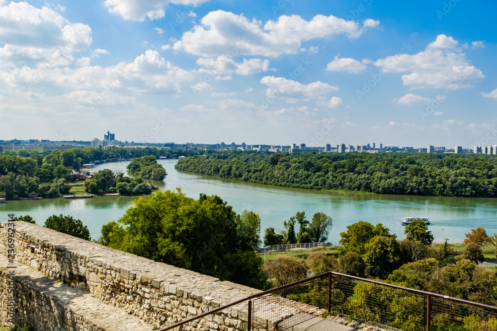 view of the river and bridge. tower of medieval castle. Serbia. Belgrade. Danube River and Savva. 