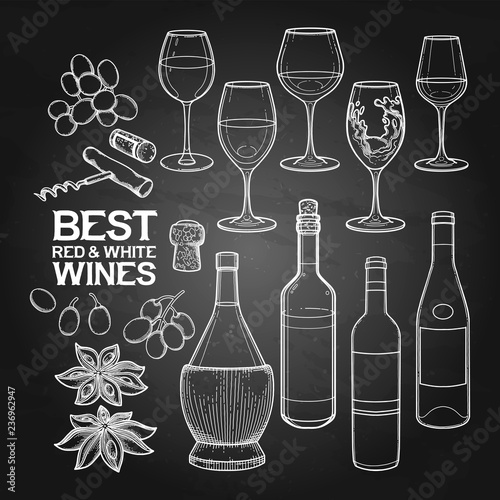 Graphic wine glasses, bottles and other delicious food