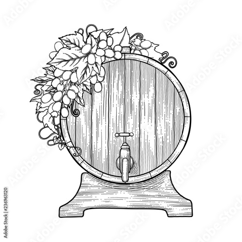 Graphic wine barrel decorated with bunches of grapes and leaves.