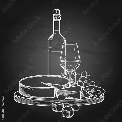 Graphic bottle and glass of wine with camembert cheese and grapes