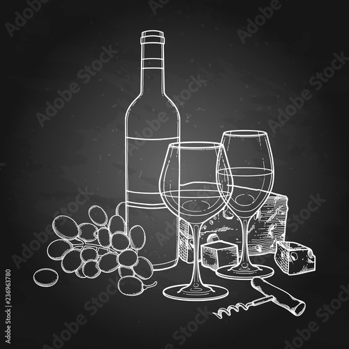 Two watercolor glasses of wine, bottle, grapes, cheese and corkscrew