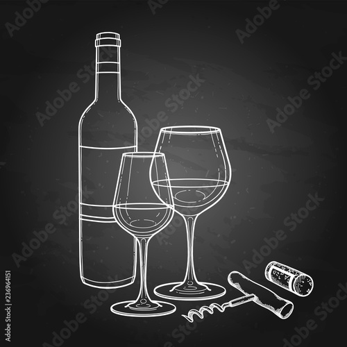 Two watercolor glasses of wine, bottle, cork and corkscrew