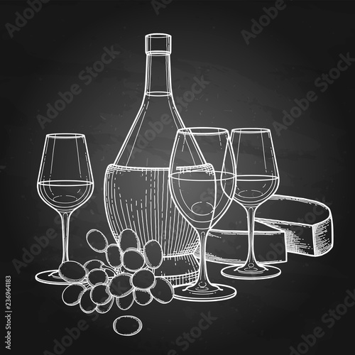 Three watercolor glasses of wine, bottle, grapes and cheese.