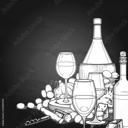 Graphic glasses of wine, bottles, grapes and cheese.
