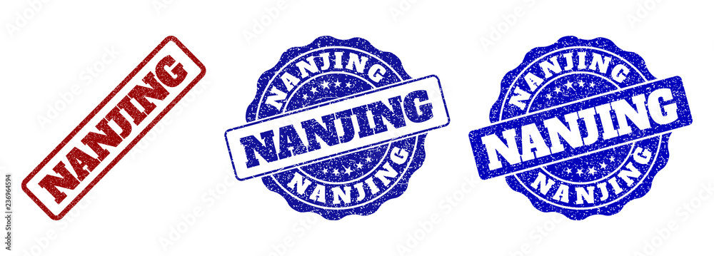 NANJING grunge stamp seals in red and blue colors. Vector NANJING labels with draft texture. Graphic elements are rounded rectangles, rosettes, circles and text labels.
