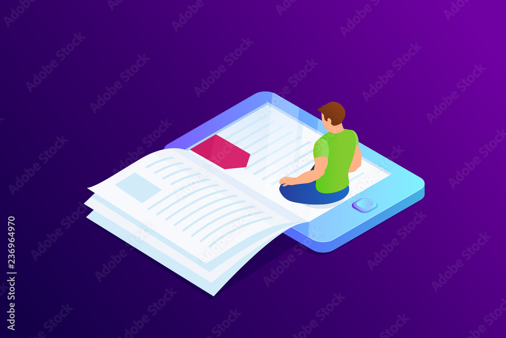 Isometric concept of e-book. Isometric concept of e-book.