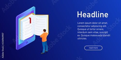Isometric concept of e-book, landing page design.