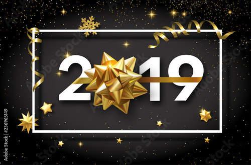 Happy New Year 2019 shiny poster with golden bow and confetti.