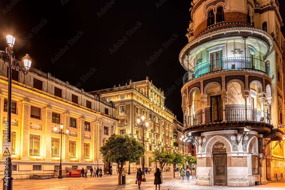 Night view of old town Seville, Spain.