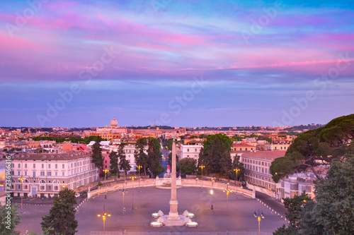 Aerial wonderful view of Rome with roman square Piazza del Popolo, looking west from the Pincio at sunrise in Rome, Italy