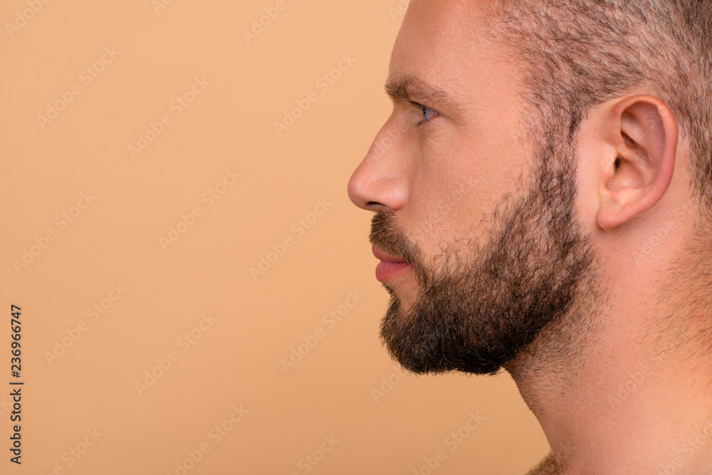 Obraz premium Close-up cropped profile side view portrait of nice concentrated