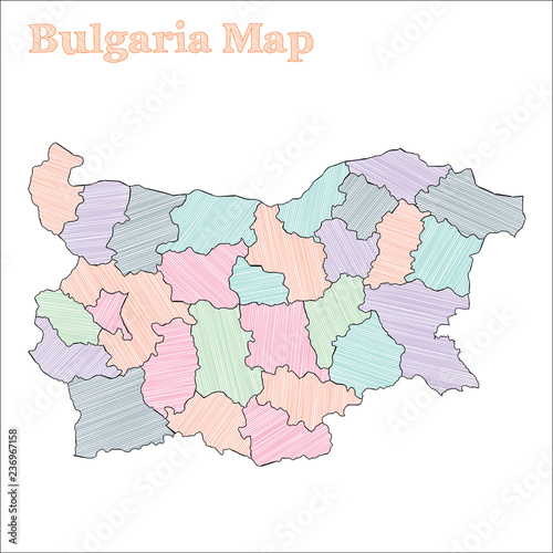 Bulgaria hand-drawn map. Colorful sketchy country outline. Bizarre Bulgaria map with provinces. Vector illustration.