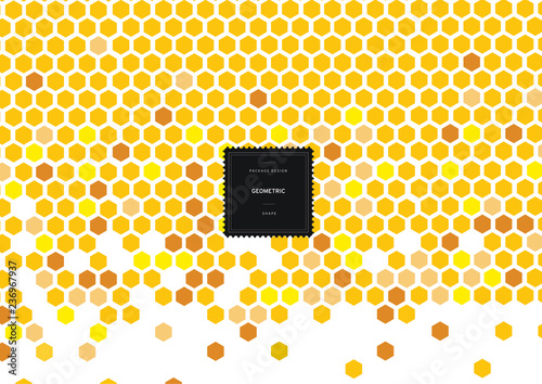 Hexagonal honeycomb pattern with bees for background and sticker with logo. Vector packaging design elements and templates. Honey. Bee.