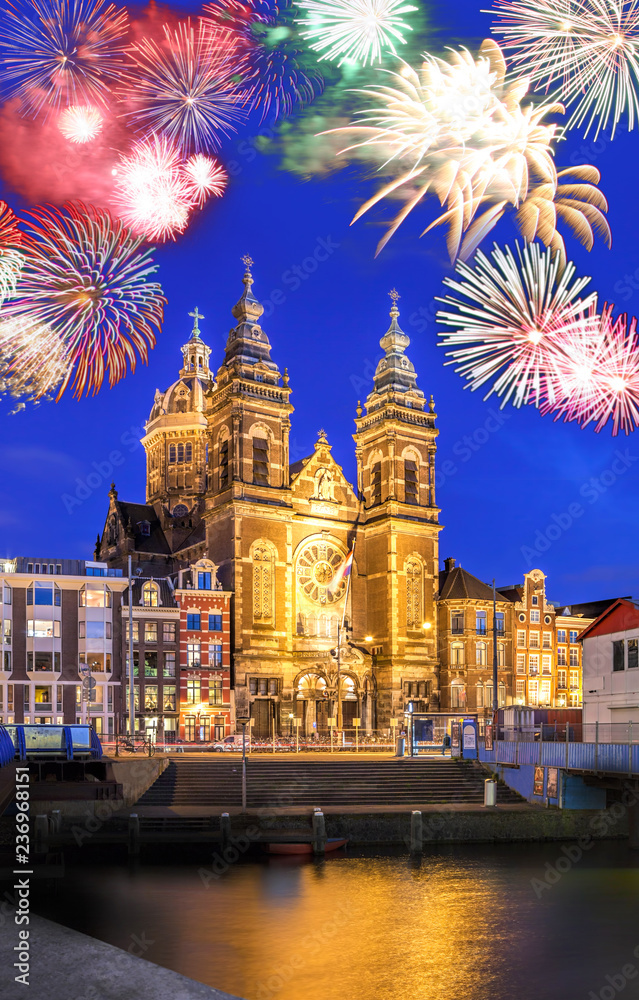 Amsterdam with firework (celebration of the New Year) in Holland