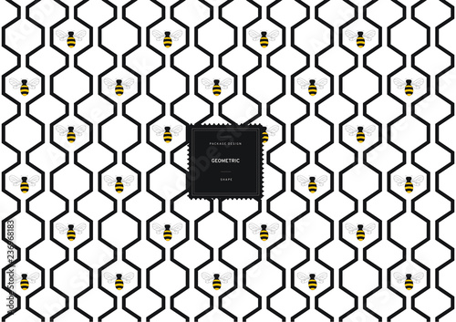 Hexagonal honeycomb pattern with bees for background and sticker with logo. Vector packaging design elements and templates. Honey. Bee.