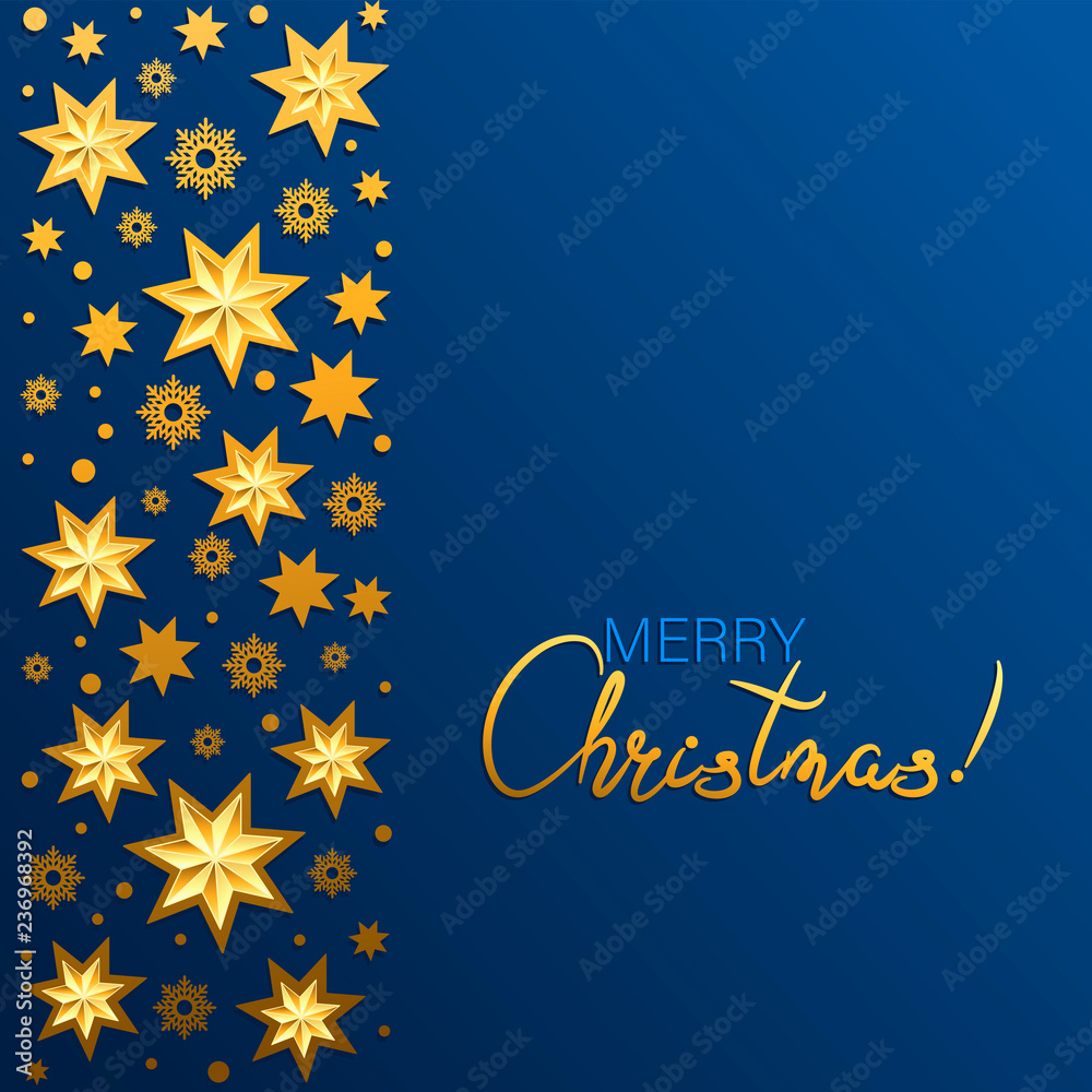 Christmas card with a vertical stripe of snowflakes, beads and Christmas stars. Merry Christmas!  Dark blue gradient background.