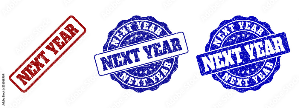 NEXT YEAR grunge stamp seals in red and blue colors. Vector NEXT YEAR overlays with dirty style. Graphic elements are rounded rectangles, rosettes, circles and text captions. NEXT YEAR grunge stamp seals in red and blue colors. Vector NEXT YEAR overlays with dirty style. Graphic elements are rounded rectangles, rosettes, circles and text captions.