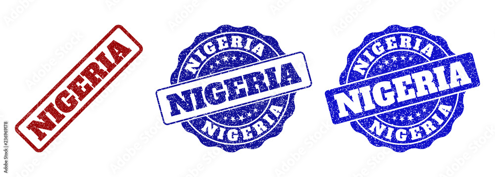 NIGERIA grunge stamp seals in red and blue colors. Vector NIGERIA signs with grunge style. Graphic elements are rounded rectangles, rosettes, circles and text labels. NIGERIA grunge stamp seals in red and blue colors. Vector NIGERIA signs with grunge style. Graphic elements are rounded rectangles, rosettes, circles and text labels.