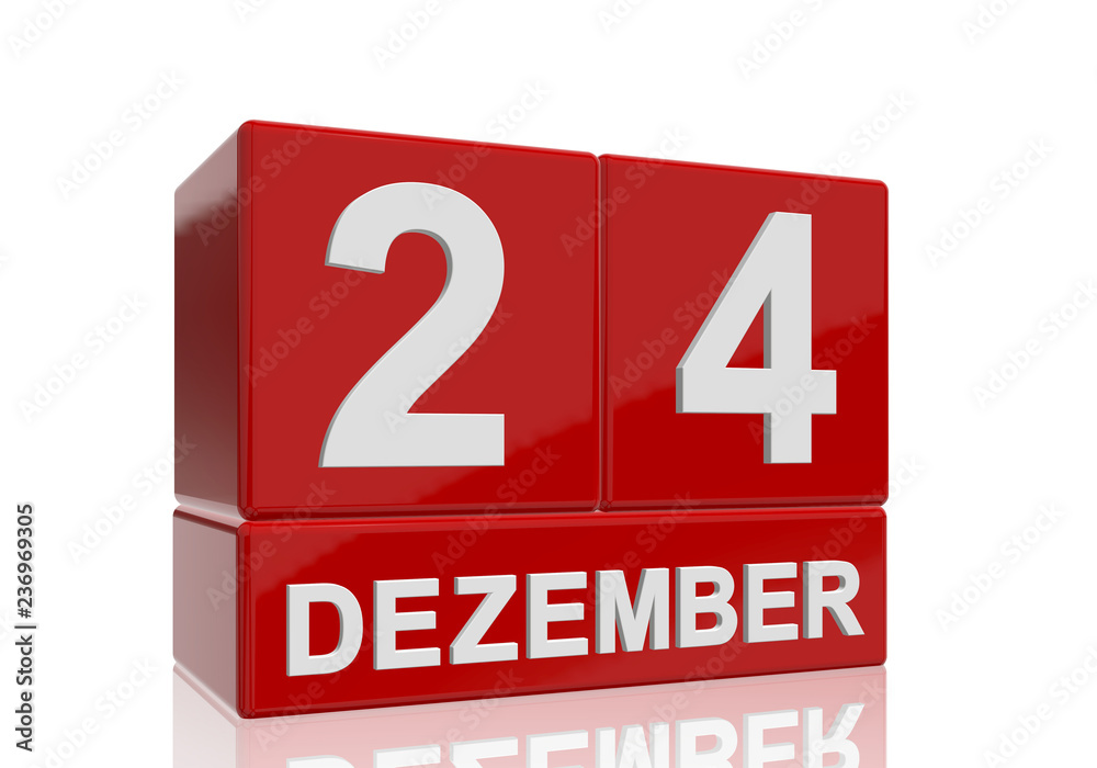 The date of 24 Dezember in white numbers and letters on red, glossy blocks, standing and mirrored isolated in front of a white background. The date of 24 Dezember in white numbers and letters on red, glossy blocks, standing and mirrored isolated in front of a white background.