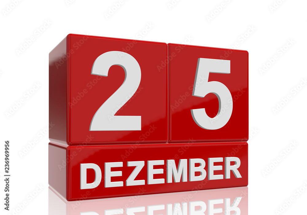 The date of 25 Dezember in white numbers and letters on red, glossy blocks, standing and mirrored isolated in front of a white background. The date of 25 Dezember in white numbers and letters on red, glossy blocks, standing and mirrored isolated in front of a white background.