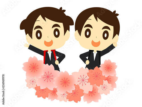 桜と小学校新入生