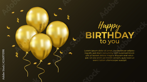 Happy Birthday banner template with 3d helium flying gold balloon and confetti. Vector illustration