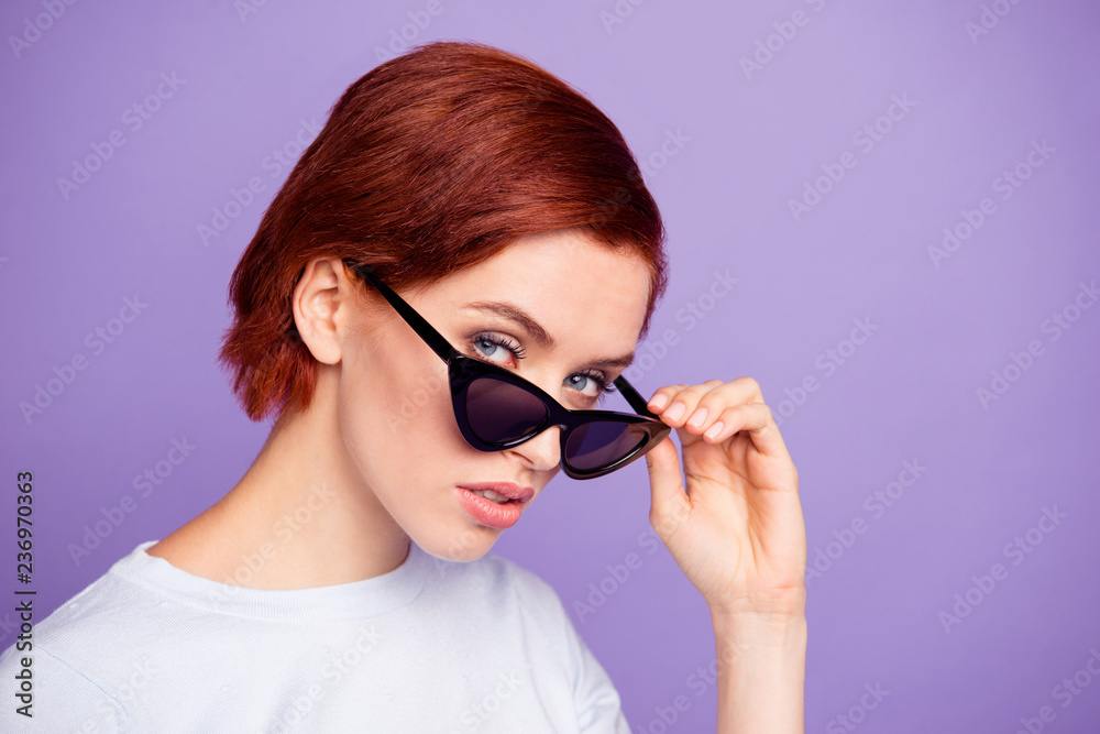 Close up portrait of confident strict pretty she her girl in bla Close up portrait of confident strict pretty she her girl in bla