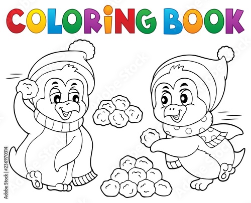 Coloring book penguins playing with snow