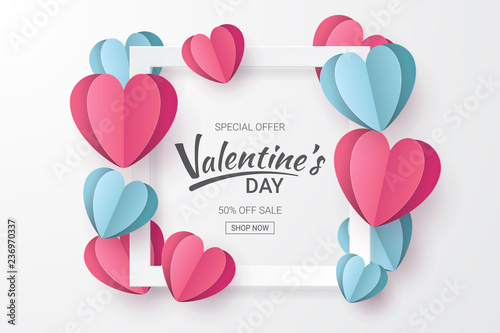 Valentines day sale background with Heart shape and clouds. Paper cut style. Can be used for Wallpaper, flyers, invitation, posters, brochure, banners. Vector illustration.