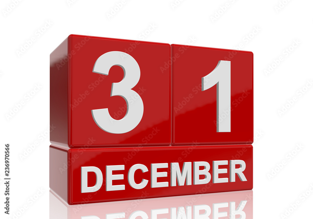 The date of 31 December in white numbers and letters on red, glossy blocks, standing and mirrored isolated in front of a white background. The date of 31 December in white numbers and letters on red, glossy blocks, standing and mirrored isolated in front of a white background.