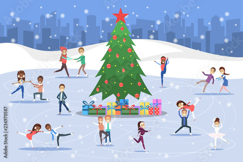 Cute romantic couples skate together outdoors. Winter activity