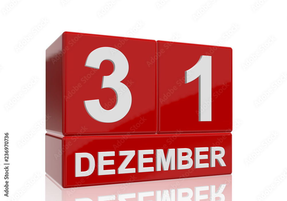 The date of 31 Dezember in white numbers and letters on red, glossy blocks, standing and mirrored isolated in front of a white background. The date of 31 Dezember in white numbers and letters on red, glossy blocks, standing and mirrored isolated in front of a white background.
