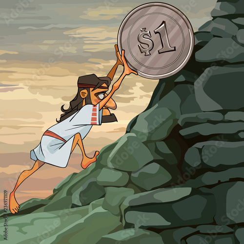 cartoon male Sisyphus rolls a coin up the hill