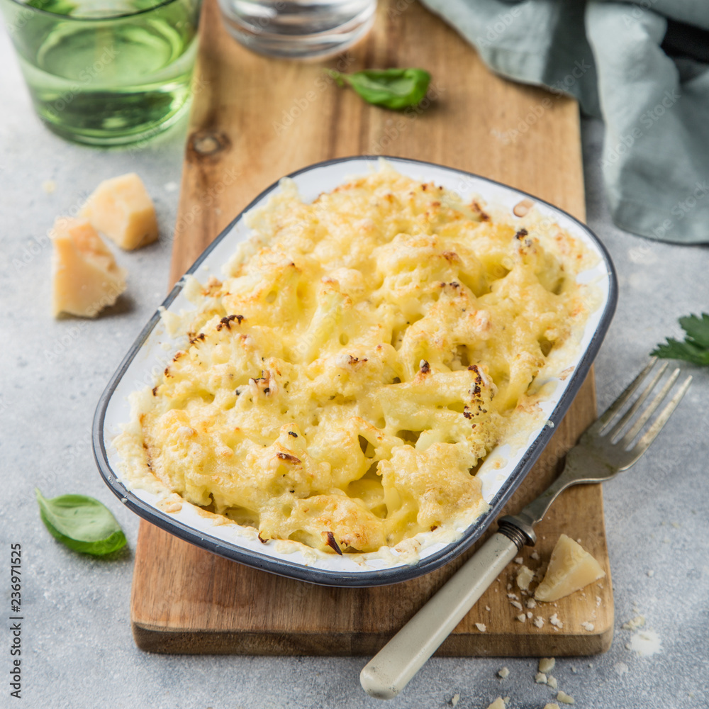 cauliflower and cheese gratin in baking dish cauliflower and cheese gratin in baking dish