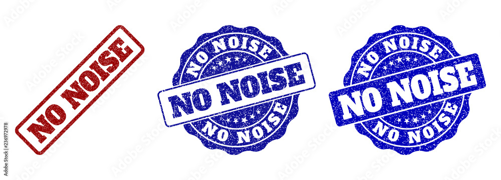 NO NOISE grunge stamp seals in red and blue colors. Vector NO NOISE overlays with grunge surface. Graphic elements are rounded rectangles, rosettes, circles and text labels.