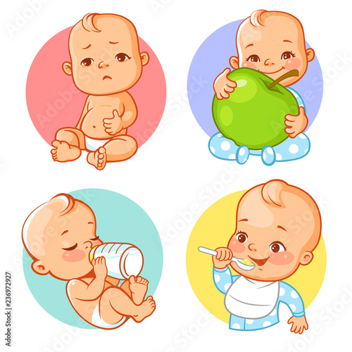 Set with cute little baby eating. Baby nutrition. Baby drink milk, formula. Child hold apple. Little boy with spoon. Stickers, smileys, emoji  for social media, messenger, Vector illustration