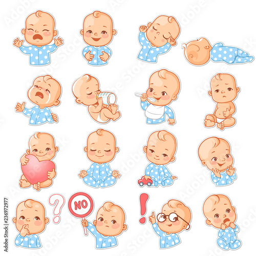 Set with baby stickers. Cute little baby girl as smiley with different emotions. Face expressions. Sad baby, happy baby, scared, sleep,cry.  Template for social media, messenger. Vector illustration.