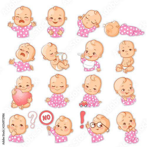 Set with baby stickers. Cute little baby girl as smiley with different emotions. Face expressions. Sad baby, happy baby, scared, sleep,cry.  Template for social media, messenger. Vector illustration.