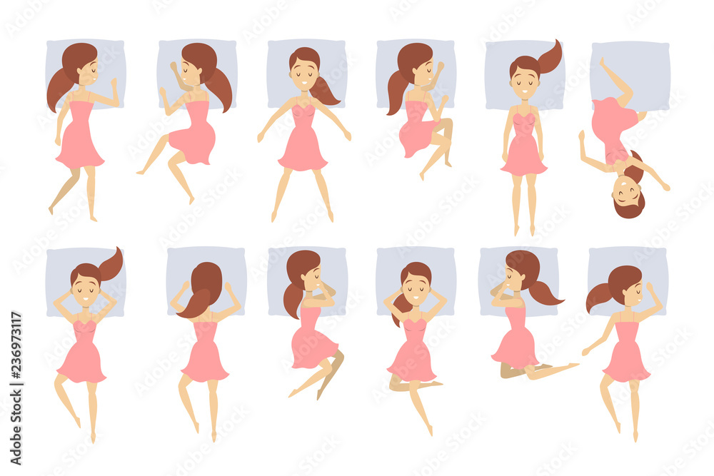 Big set of woman sleep in different position.