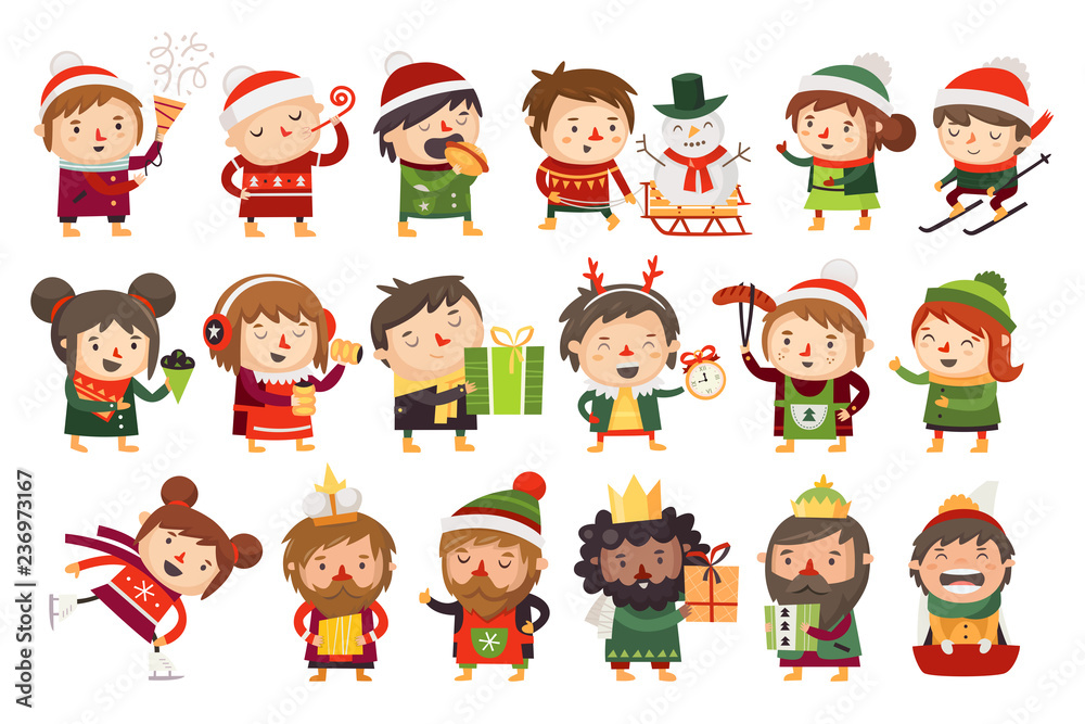 Christmas characters children and adults celebrating upcoming holidays. Various winter activities at Christmas market. Foods, sports and gifts giving. Vector cartoon illustrations.