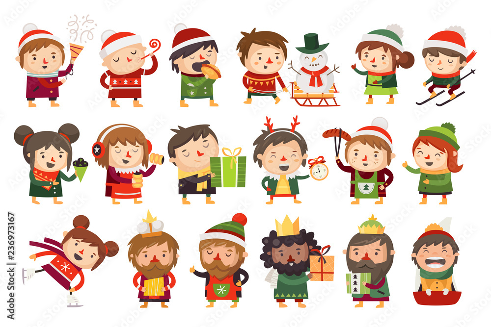 Christmas characters children and adults celebrating upcoming holidays. Various winter activities at Christmas market. Foods, sports and gifts giving. Vector cartoon illustrations. Christmas characters children and adults celebrating upcoming holidays. Various winter activities at Christmas market. Foods, sports and gifts giving. Vector cartoon illustrations.