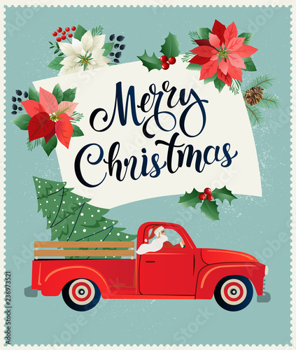 Merry Christmas and Happy New Year Postcard or Poster or Flyer template with retro pickup truck with christmas tree. Vintage styled vector illustration.