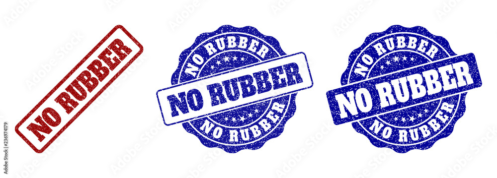 Fototapeta premium NO RUBBER grunge stamp seals in red and blue colors. Vector NO RUBBER watermarks with grunge texture. Graphic elements are rounded rectangles, rosettes, circles and text captions.
