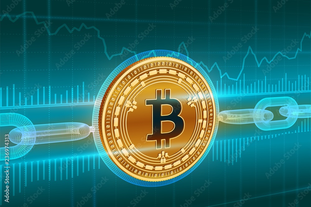 Crypto currency. Block chain. Bitcoin Cash. 3D isometric Physical golden bitcoin with wireframe chain. Blockchain concept. Editable Cryptocurrency template. Stock vector illustration. Crypto currency. Block chain. Bitcoin Cash. 3D isometric Physical golden bitcoin with wireframe chain. Blockchain concept. Editable Cryptocurrency template. Stock vector illustration.