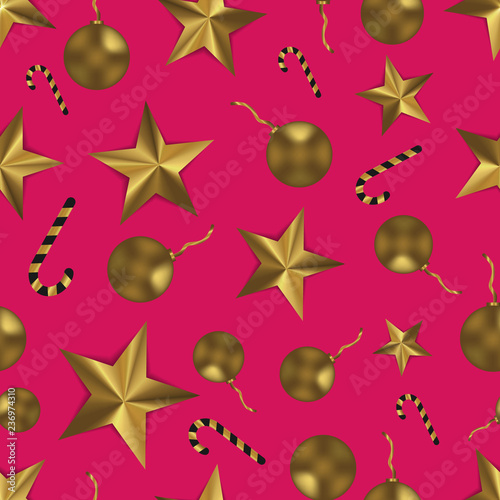 Christmas seamless pattern with golden toys, stars and candy. Festive pink and gold background.