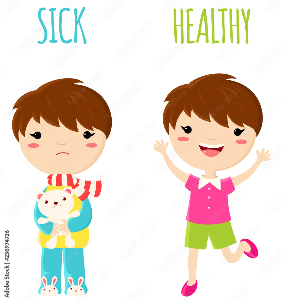 Sick sad little boy and cheerful healthy jumping boy Sick sad little boy and cheerful healthy jumping boy