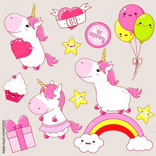 Set of cute unicorns stickers in kawaii style