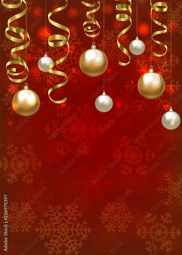 Christmas baubles and golden serpentine streamers on red background. Christmas card Christmas baubles and golden serpentine streamers on red background. Christmas card