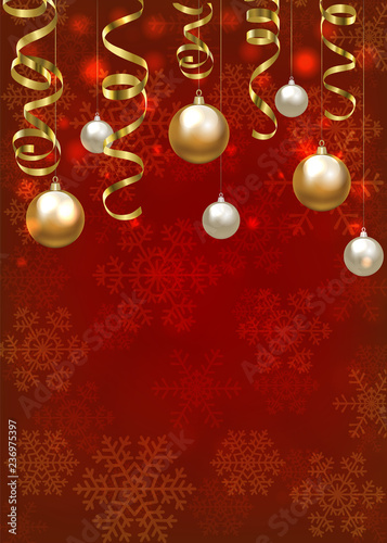 Christmas baubles and golden serpentine streamers on red background. Christmas card