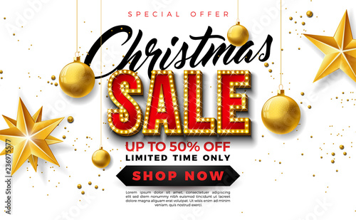 Christmas Sale Design with Ornamental Ball and Light Bulb Lettering on White Background. Holiday Vector Illustration with Special Offer Typography Elements for Coupon, Voucher, Banner, Flyer